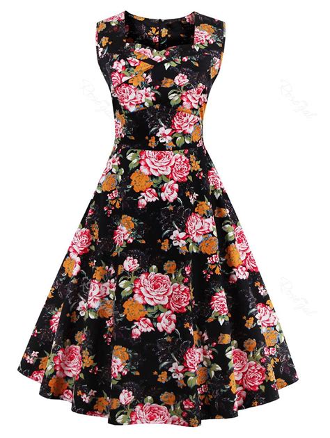 16 Off Retro Sleeveless Floral Tea Length Skater Dress Rosegal