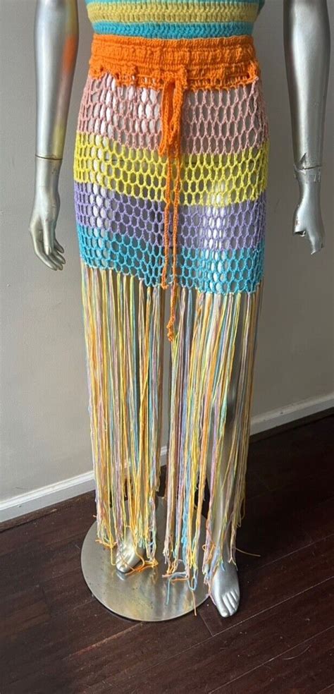 Crochet Knit 2 Piece Fringe Flapper Top Hippy Boho Sexy Long Festival