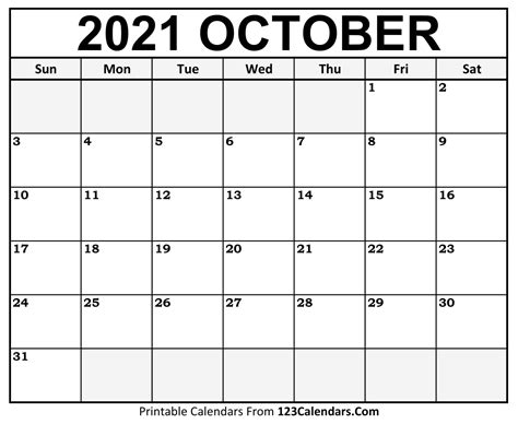 Printable October 2021 Calendar Templates
