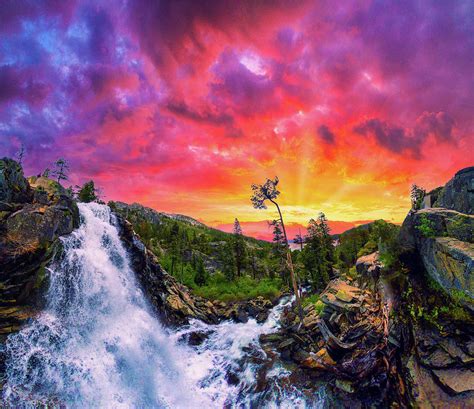 Rushing Waterfall Cliffs Red Purple Sunset Photograph By Eszra Tanner