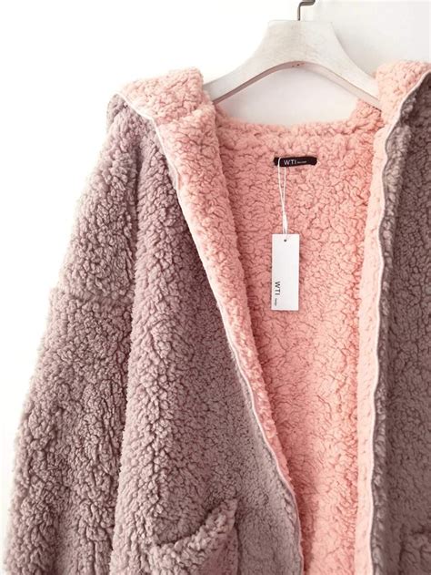 Reversible Oversized Soft Fuzzy Hoodie Coat W T I Design Fluffy Jacket Outfit Burgundy