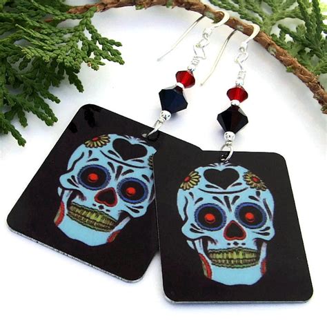 Sugar Skull Day Of The Dead Earrings Red Black Halloween Jewelry
