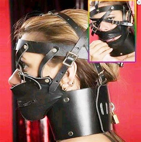 Kinky Fetish Pu Leather Zip Mouth Mask With Posture Collar Bondage