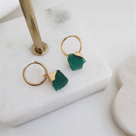 Green Onyx Gemstone Gold Hoop Earrings By Misskukie