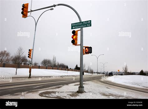 Traffic Lights Intersection Main Road During Freezing Winter Weather