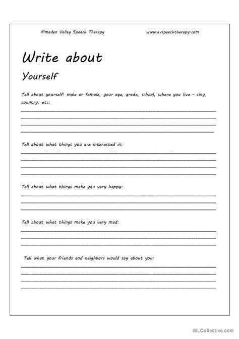 Write About Yourself English Esl Worksheets Pdf And Doc