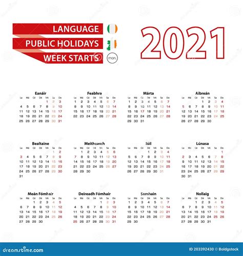 Calendar 2021 In Irish Language With Public Holidays The Country Of