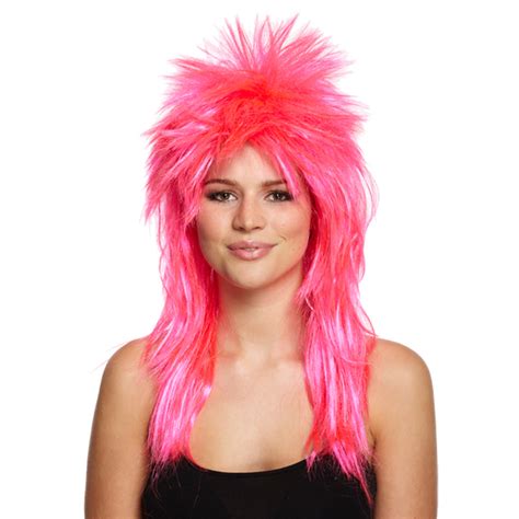 80s Glam Rock Neon Pink Fancy Dress Wig Festival Outlet Uk