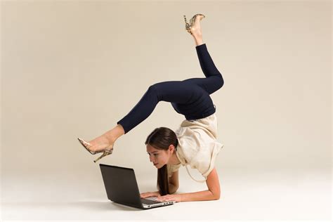 Young Gymnast Flexible Workingbusiness Woman Stretching And Working On