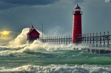 Sea Storm Waves Lighthouse Beautiful Views Wallpapers