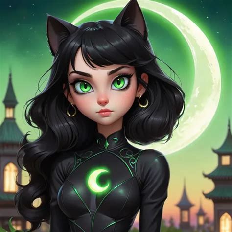 A Girl With Black Hair And Green Eye In A Black Cat