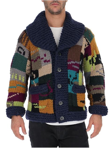 Barena Patchwork Chunky Knit Cardigan In Blue For Men Lyst