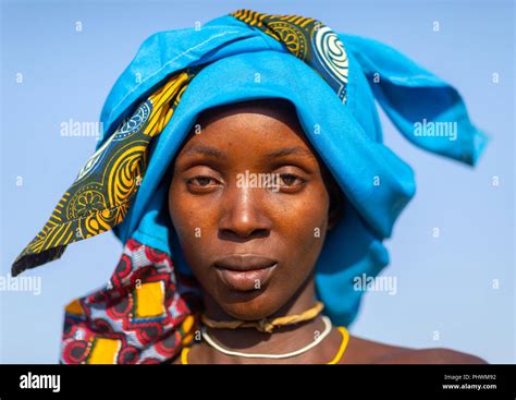 Portrait Of A Mucubal Tribe Woman With A Blue Headwear Namibe Province Virei Angola Stock