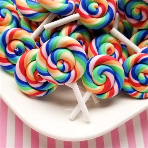 3 Rainbow Polymer Clay Lollipop Candy Cabochons Decoden Etsy