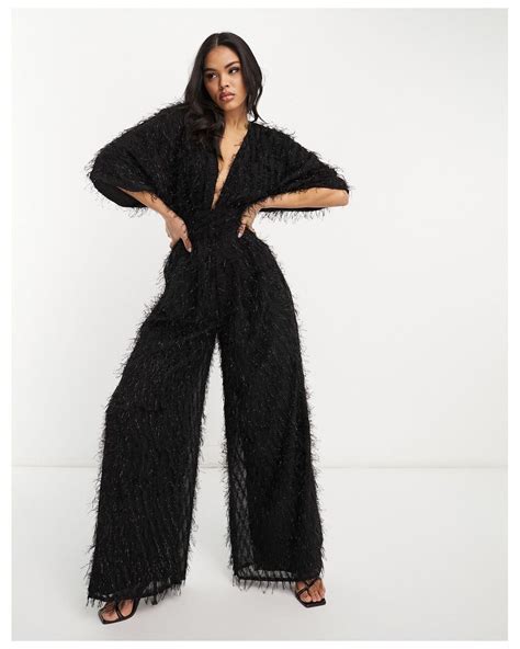 Asos Fluffy Plunge Jumpsuit With Wide Leg In Black Lyst