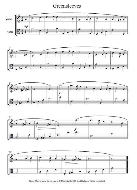If only there were sources of free kids' sheet music, beginner piano music! Greensleeves sheet music for Violin-Viola Duet - 8notes.com