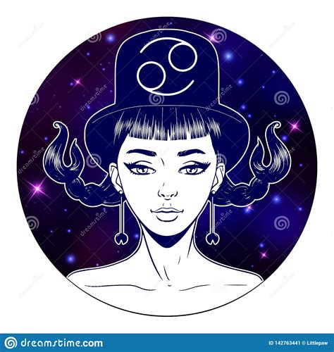 Cancer Zodiac Sign Artwork Beautiful Girl Face Horoscope Symbol Star