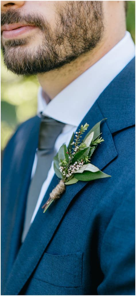 Simple Greenery Boutonniere Groom Outfit Blue Suit Natural Wedding