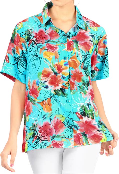 LA LEELA LA LEELA Women S Tropical Hawaiian Camp Aloha Shirt Regular Fit Short Sleeve
