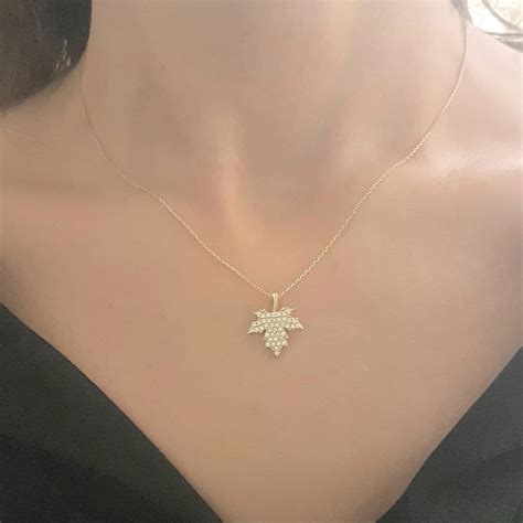 14k Real Solid Gold Long Leaf Pendant Necklace With White Zirconia