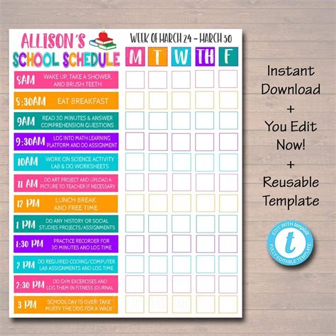 Kids Student Calendar Planner Printable Editable Template School