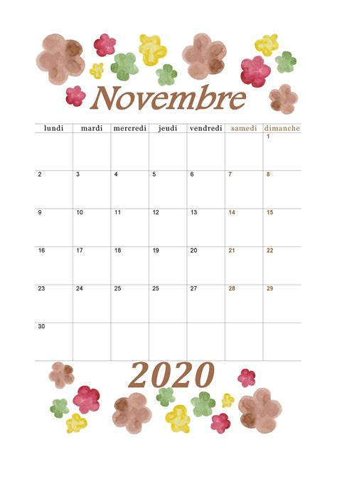 Calendrier 2020 Mensuel à Imprimer Pdf Gratuit Calendrier Novembre