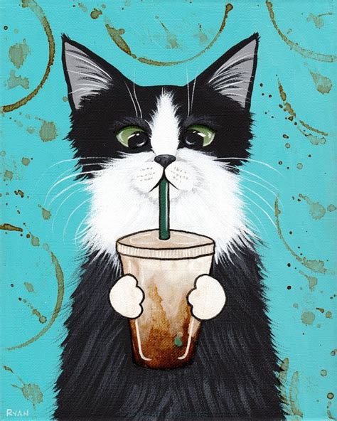 Tuxedo Cat With Iced Coffee Original Cat Folk Art Painting By
