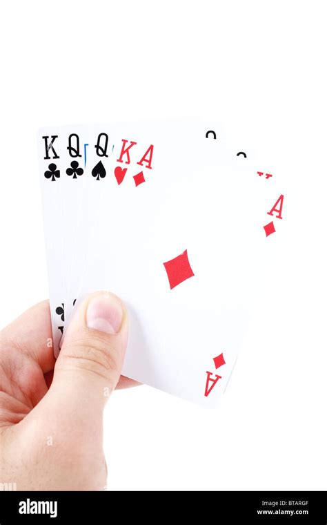 Mans Hand Holding Playing Cards Isolated On A White Background Stock