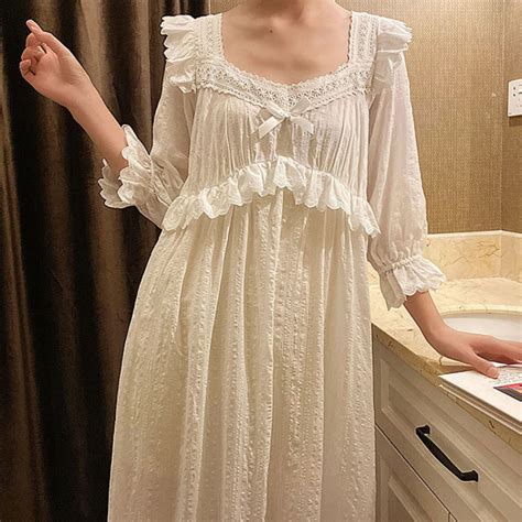 Pure Cotton Long Nightgowns Women Autumn White Fairy Vintage Peignoir