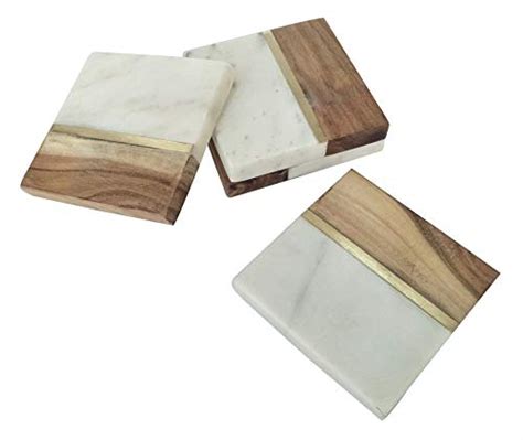 Round Marble Wood Coaster Set Wood Marble Coaster With Brass Edges