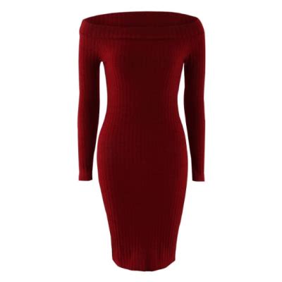 Off The Shoulder Skinny Ribbed Dress - Wine Red (Off The Shoulder Skinny Ribbed Dress - Wine Red ...