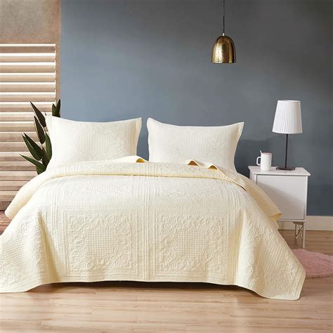 Unimall Quilted Bedspread King Size Plain Beige 3 Piece Cotton