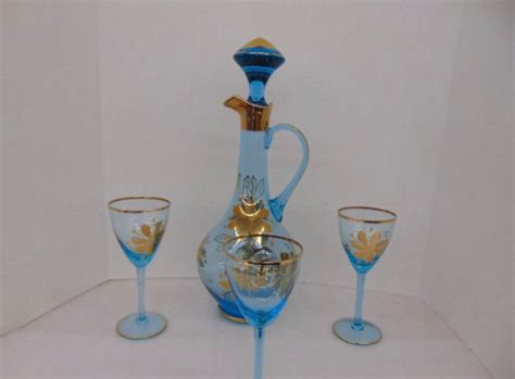 Vintage Bohemian Blue Glass Decanter Set Gold Gild With 3 Etsy