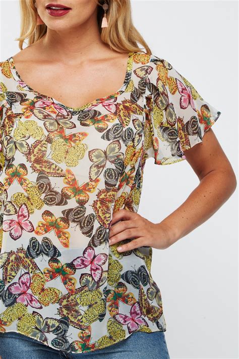 Sheer Butterfly Print Casual Top Just 3