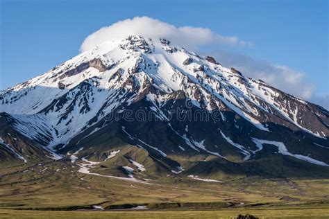 Beautiful Autumn Volcanic Landscape View Of Snow Capped Cone Of