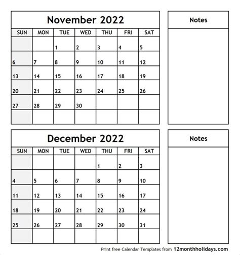 Print November December 2022 Calendar Template 2 Month Calendar