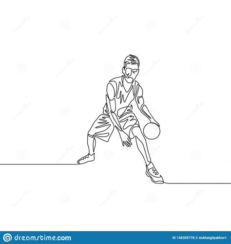 Continuous One Line Drawing Basketball Player Dribbling Passes The Ball