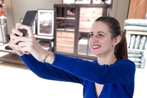 Beautiful Woman Using Smart Phone In Home Selfie Stock Image Image Of Brunette Caucasian