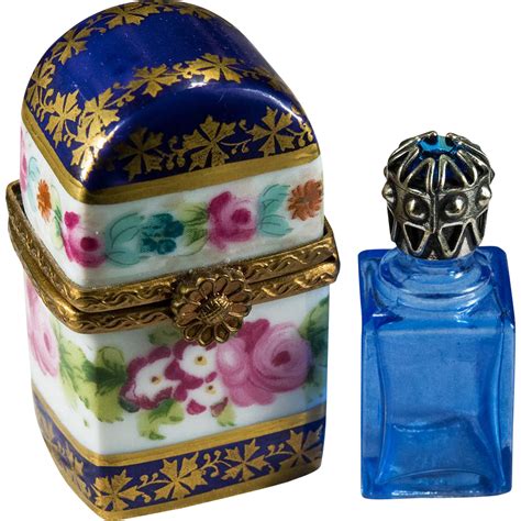 Limoges Hand Painted Single Blue Perfume Bottle Trinket Box