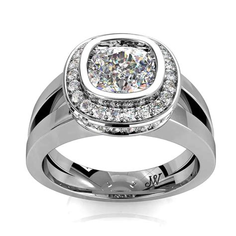 Cushion Cut Halo Diamond Engagement Ring Bezel Set In A Rolled Bead