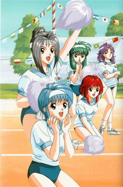 Safebooru 5girls 90s Asahina Yuko Bandanna Blue Eyes Blue Hair Crossed Arms Glasses Green Hair