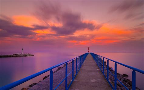 Download Wallpaper 3840x2400 Pier Lighthouse Sea Sunset Skyline