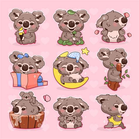 Cute Koala Kawaii Cartoon Vector Characters Set Adorable And Funny