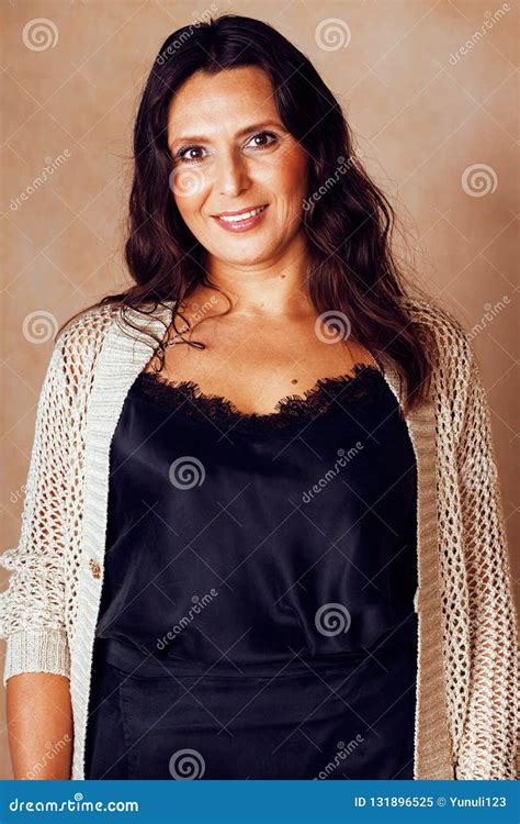 Mature Brunette Real Middle Age Woman Well Dressed Posing Smilin Stock Image Image Of Hair