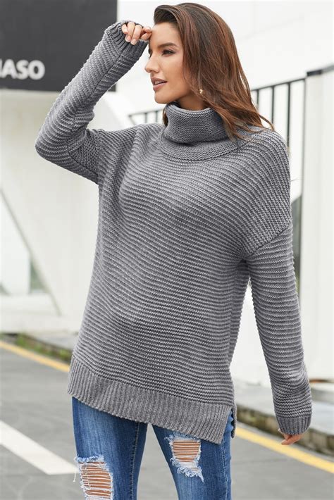 Jessa Womens Cozy Long Sleeves Turtleneck Sweater Gray - Amber Millet