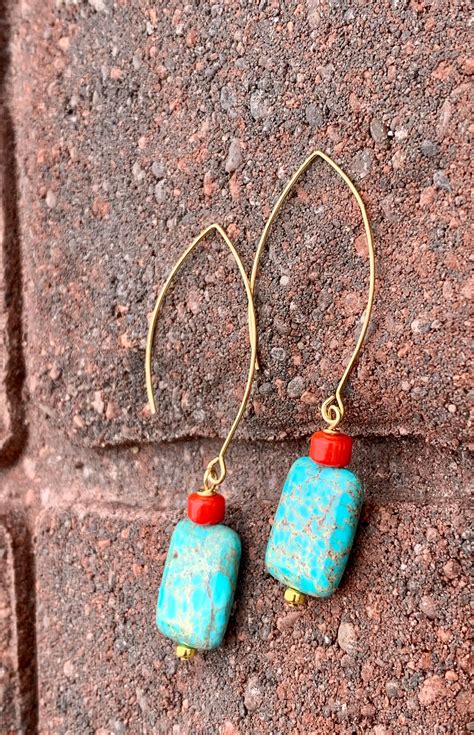 Turquoise Magnesite Red Coral Beaded Drop Earrings Genuine Turquoise