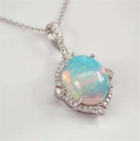 14K White Gold 3 55 Ct Diamond And Opal Halo Pendant Necklace 18 Chain