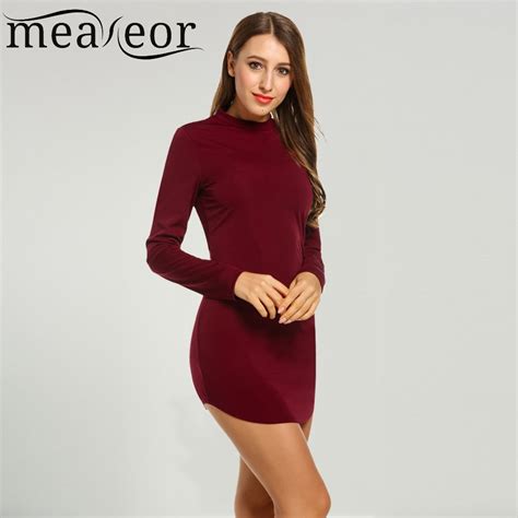 Meaneor Brand Sexy Bodycon Dress New Women Sexy Party Minidress O Neck Long Sleeve Solid Package