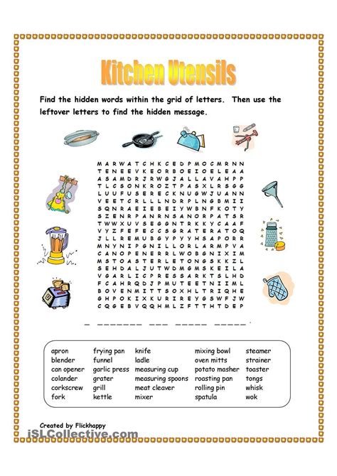 Kitchen safety food safety sanitation safe operation of small and large appliances in the foods lab personal hygiene. Kitchen Utensils Wordsearch | Kitchen utensils worksheet, Kitchen utensils and equipment ...