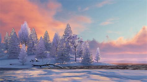 Peaceful Winter Scenery With Snowy Fir Tree Forest On Shore Of Frozen